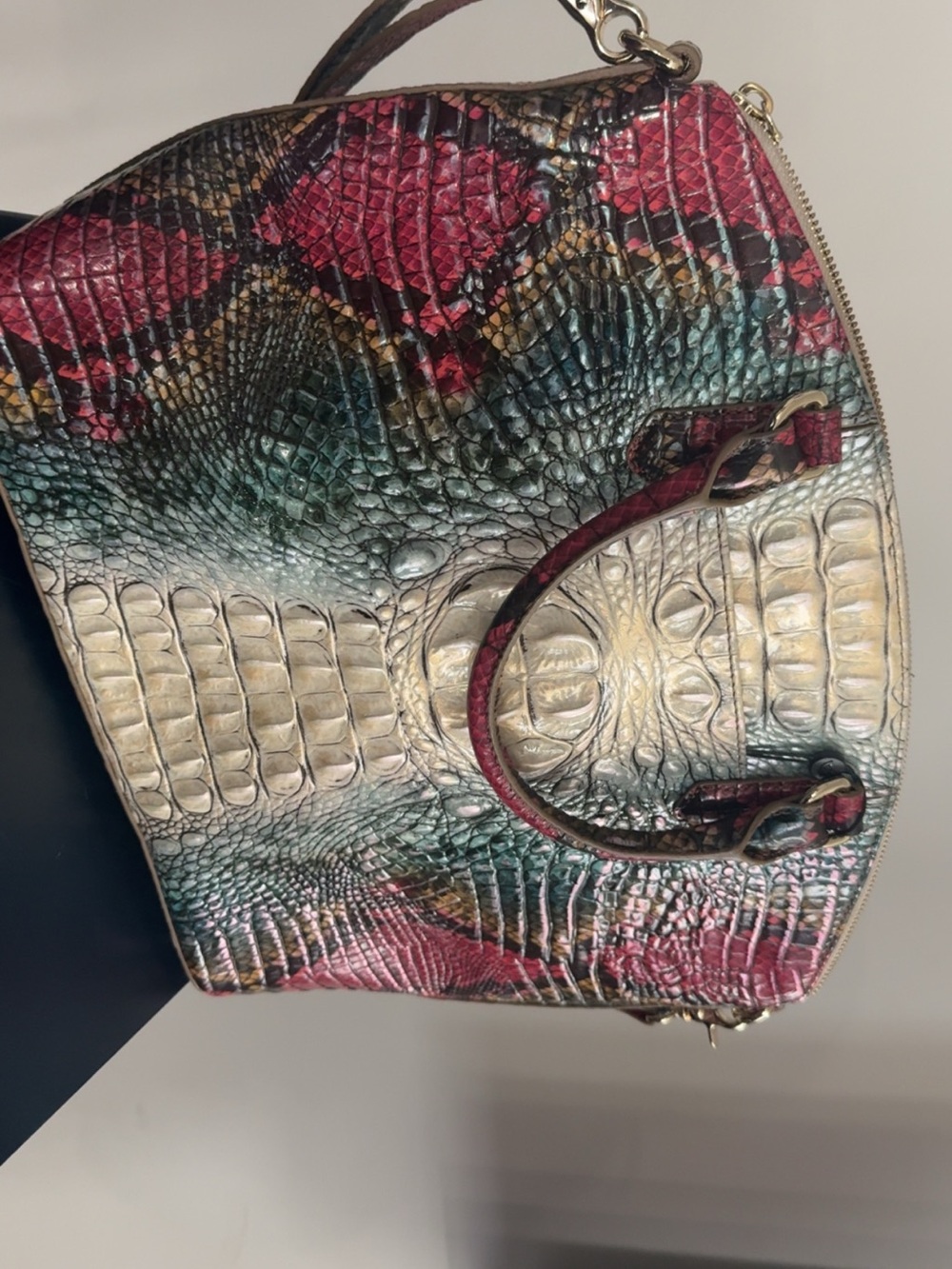 Multicolor Croc-Embossed Satchel Handbag - Pink, Green & Cream